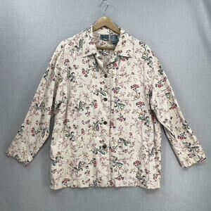 Vintage Liz Wear Jacket Womens Medium Tan Floral Barn Chore Jacket Garden Linen